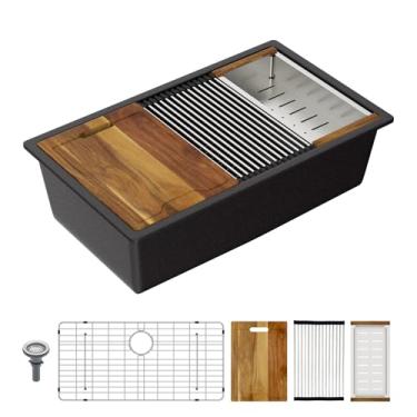 Imagem de Lordear Pia de cozinha composta de granito preto 81 cm x 48 cm estação de trabalho Quaitz pias de cozinha embaixo do balcão tigela única