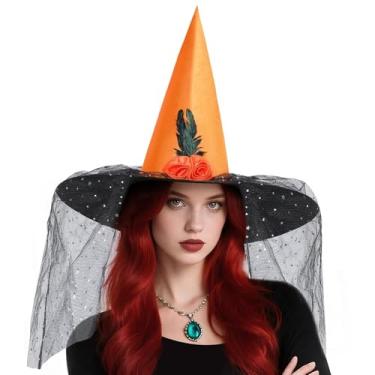 Imagem de ROC PARTY Chapéu de bruxa com véu para fantasia de Halloween (laranja)