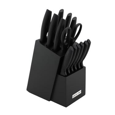 Imagem de Jogo De Facas 14 Peças Preto Aço Inox Premium Com Suporte De Madeira – Faca Chef 31 cm, Santoku, Churrasco E Tesoura
