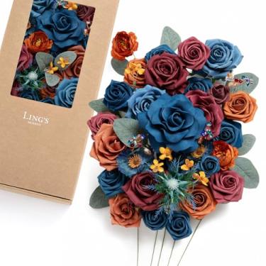 Imagem de Ling's Moment Caixa de flores falsas, hastes artificiais artificiais de espuma, rosas, papoula de seda para decoração de casamento, decorações de mesa, arranjos florais, mandarim e azul royal, combo