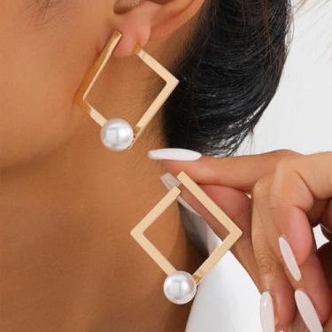 Imagem de Brincos de pérola para mulheres, ouro grosso, geométrico, oval, redondo, joia moderna, presentes de natal, presentes de amizade para mulheres, dia dos namorados, Medium, Latão, Sem pedra preciosa