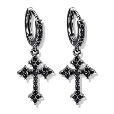 Imagem de Brincos góticos para mulheres e homens grunge emo Y2k brincos de cruz pingente strass gótico punk pequeno brinco de argola brinco de argola Halloween Natal presentes, Middle, Cobre, Sem pedra preciosa