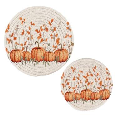 Imagem de Wassud Conjunto de tripé de abóbora com folhas para pratos quentes, suportes de panela redondos de algodão, porta-copos elegantes, decoração de cozinha e acessórios, 2 peças