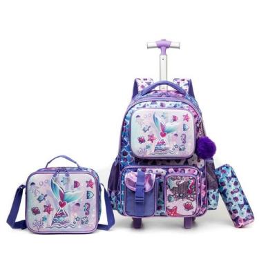 Imagem de Kit Mochila Rodinhas Infantil Escolar Reforçada Sereia - LEQUEEN