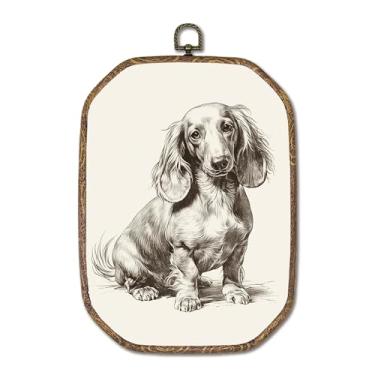 Imagem de Hxlac Arte de parede retangular vintage Dachshund emoldurada, decoração de parede retangular de cachorro Weiner retrô, presentes de cachorro Dachshund Weiner para pendurar impressões em tela