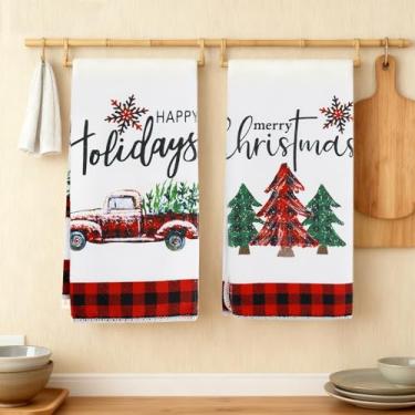 Imagem de Conjunto de 23 panos de prato de cozinha de 38 x 38 cm, toalhas de mão macias de cozinha com padrões de Natal panos de prato para cozinhas, decoração de banheiro (vermelho)