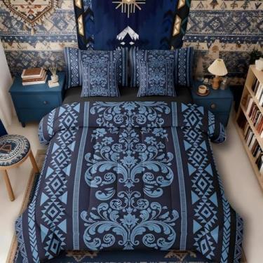 Imagem de Conjunto de edredom solteiro ocidental com decoração vitoriana, 7 peças, azul marinho, damasco, geométrico, asteca, em uma bolsa, vintage, floral, gótica, decoração boho com triângulo de diamante