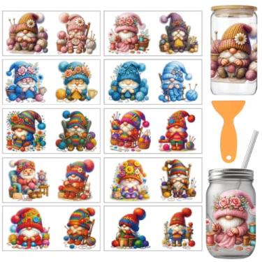 Imagem de arricraft 10 adesivos de transferência de copos de PVC de gnomos tricotados, agulhas coloridas e gnomos de linha, adesivos de copo à prova d'água UV para copos de 473 ml, janela de casa, decoração de