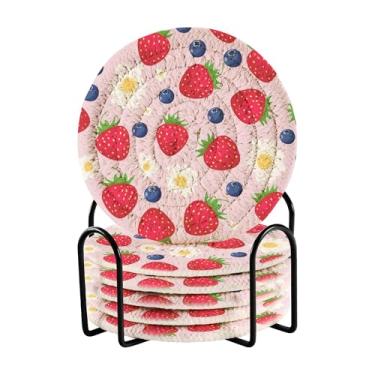 Imagem de SEHANY Conjunto de 6 porta-copos fofos de morango com suporte, porta-copos redondos absorventes de algodão resistente ao calor para mesa de jantar, canecas de café, proteção de copos, 10 cm