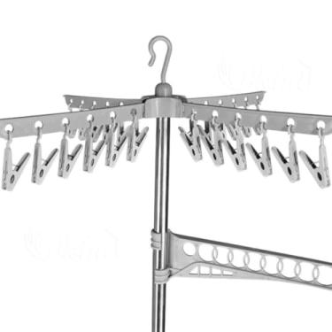 Imagem de Cabideiro Articulado com Braços Giratórios, 1,70m de Altura, Branco, Metal e Plástico, 3 Braços com Prendedores, Base Reforçada