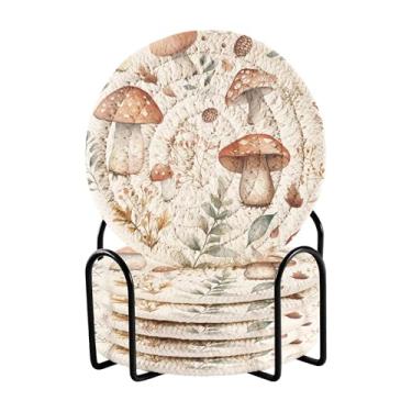 Imagem de SEHANY Conjunto de 6 porta-copos de cogumelos florestais com suporte, porta-copos redondos absorventes de algodão resistente ao calor para mesa de jantar, canecas de café, 10 cm