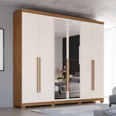 Imagem de Guarda-Roupa Casal Pétrus 6 Portas 4 Gavetas com Espelho 100% Mdf Natural/Off White - Henn