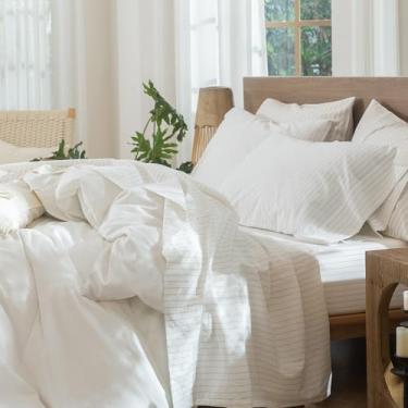 Imagem de MooMee Conjunto de lençóis listrados 100% algodão lavado, linho, texturizado, respirável, durável, macio e confortável (branco amêndoa leite cinza listras largas, King)