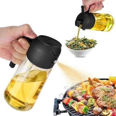Imagem de Pulverizador de Óleo e Azeite 2 em 1, Vidro Transparente com Tampa Dupla Função, 470ml, Sistema Spray e Dosador para Cozinha, Antivazamento com Controle de Fluxo (Preto)