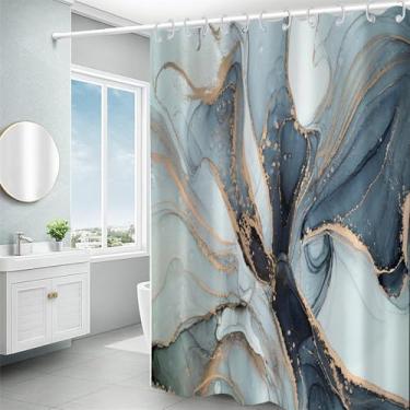 Imagem de DORCEV Conjuntos de cortina de chuveiro com textura de mármore azul gradiente decoração azul marinho dourado rachado design de arte abstrata areia movediça líquido dourado cortina de banho para casa