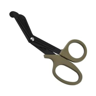 Imagem de 1 tesoura multifuncional tática compacta com aderência ambidestro, corta folhas de ferro finas e tecido para uso ao ar livre, cáqui