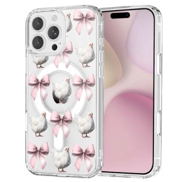 Imagem de OFQKOAKS Capa para iPhone 16, compatível com MagSafe, linda garota romântica, laço rosa, capa protetora fina e transparente para amantes