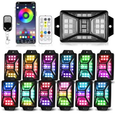 Imagem de 12 módulos de luzes RGB de ângulo total compatíveis com caminhões de 12 V Jeep UTV SUV ATV Barco, carrinho de golfe, impermeável, multicolorido, luzes LED Rock com controle remoto com modo de música