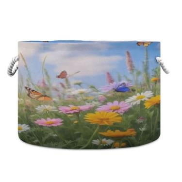 Imagem de JUZIHAI Cesta de armazenamento dobrável de flores silvestres de jardim, cesto de roupa suja para bebê, cobertor com alças de corda de algodão, caixa organizadora de armário dobrável para quarto