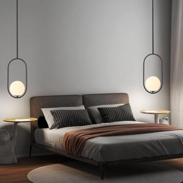 Imagem de Luminária pendente industrial retrô, luminária de cabeceira E27, iluminação para mesa de jantar, lustre com anel de metal preto e cúpula de vidro, luminária de parede moderna, loft, entrada,