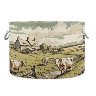 Imagem de JUZIHAI Village Farm Cows Cesta de armazenamento dobrável para bebês cesto de roupa suja com alças de corda de algodão, caixa de brinquedos dobrável, organizador de armário para quarto, berçário, casa
