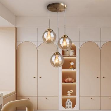 Imagem de Luminária pendente retrô de mesa com esfera de vidro transparente, estilo industrial em bronze antigo, com 3 lâmpadas e altura ajustável, ideal para ilha de cozinha, sala de jantar, sala de