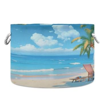 Imagem de JUZIHAI Cesta de armazenamento dobrável à beira-mar para bebê, cesto de roupa suja para bebê, cobertor com alças de corda de algodão, caixa organizadora de armário dobrável para quarto, berçário, casa