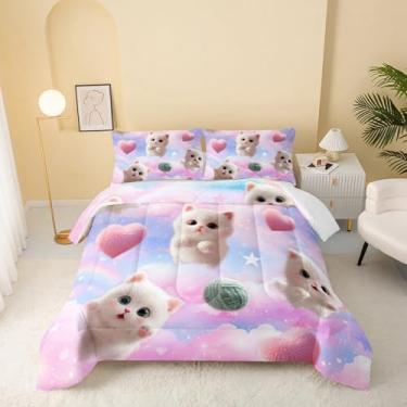 Imagem de QOOMO Jogo de cama solteiro com estampa de gato fofo, arco-íris, para decoração de quarto de meninos e adolescentes, macio e leve para todas as estações, 1 edredom e 2 fronhas