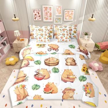 Imagem de Erosebridal Jogo de cama solteiro de 7 peças, animais roedores, fofos animais roedores, cama de animal fofo em uma bolsa, conjunto de lençol adorável de capivara com edredom, folhas de palmeira