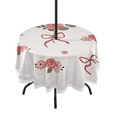 Imagem de Qilmy Toalha de mesa redonda à prova d'água Roses Bows de 152 cm com orifício para guarda-chuva e zíper – Uso externo / interno resistente para pátio, churrascos, piqueniques, festas (serve para mesas