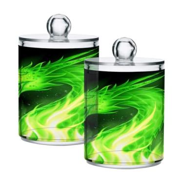 Imagem de Qilmy Suporte Qtip Green Dragon Fire pacote com 2, frascos de boticário de 400 ml, vasilha organizadora de banheiro para cotonetes, bolas de algodão, almofadas de maquiagem, fio dental, sais de banho