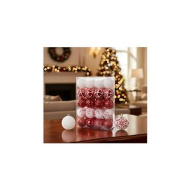 Imagem de Kit com 30 Bolinhas Texturizadas de Natal, 6cm, Vermelho, Polipropileno, 4 Texturas Diferentes, com Cordinha 17cm, para Decoração Natalina
