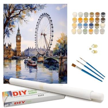 Imagem de Kit de pintura por números London River Scene para adultos - DIY Big Ben and London Eye por Thames Pintura em tela enrolada 40,6 x 50,8 cm, conjunto de tinta acrílica para iniciantes, arte para