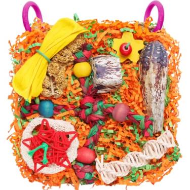 Imagem de Brinquedos de pássaros para papagaios pequenos e médios – gaiola natural para pendurar com tapete de alga marinha, carambola, fatias de bucha para periquitos, calopsitas, pombinhos, conures (1 peça)