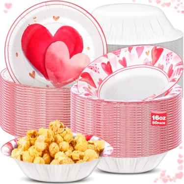 Imagem de Sliner 50 tigelas de papel descartáveis para dia dos namorados de 473 ml, 2 estilos, coração rosa, tigela de sopa compostável, lembrancinha de festa para casamento, piquenique, sopa, lanche, salada