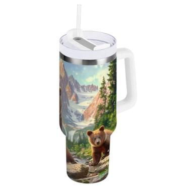 Imagem de ODAWA Copo grande à prova de vazamento, copo de aço inoxidável de urso marrom selvagem com canudo e alça