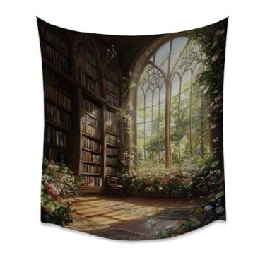 Imagem de Tapeçaria de janela de biblioteca floral Dark Academia Vintage Garden Bookshelf Sunlit Reading Corner Wall Hanging Decor For Bedroom Study Nook Cozy Apartmentwhite70x200 polegadas