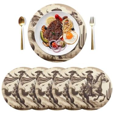 Imagem de Tapetes de mesa Western Cowboy, 6 jogos americanos redondos de PVC, 38 cm, jogo americano de fazenda resistente ao calor para festa de Natal