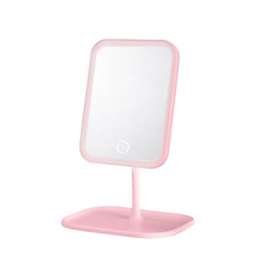 Imagem de Espelho de Maquiagem LED com Toque 3 Cores de Luz e Ajuste de Brilho, Espelho HD, Recarregável USB Portátil para Viagens e Presente(Retangular Rosa)