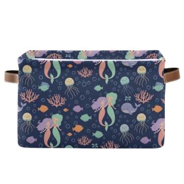 Imagem de Caixa de armazenamento de 36 cm com alças – caixas de armazenamento decorativas de tecido dobrável para escritório em casa, quarto, sereias fofas de desenho animado, 1 pacote