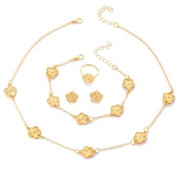 Imagem de FLORA Conjunto de colar, pulseira brincos e anel conjunto de colar com trevo de cinco folhas moderno e versátil para mulheres (Ouro)