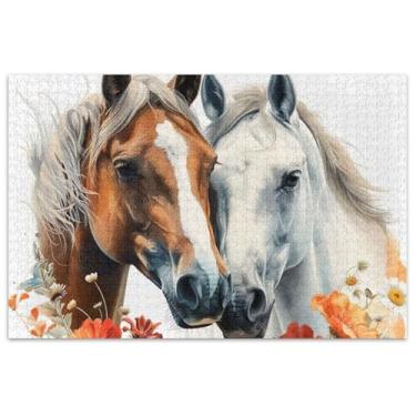 Imagem de Quebra-cabeça de pintura de cavalos com flores, 1000 peças para adultos, floral, colorido, difícil para adultos, presentes de festa de elefante branco