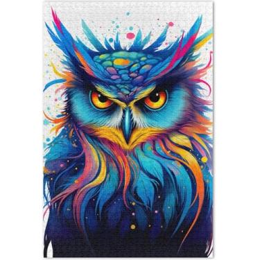 Imagem de Quebra-cabeça colorido de penas de coruja para adultos 1000 peças pintura animal quebra-cabeças difíceis família elefante branco presentes