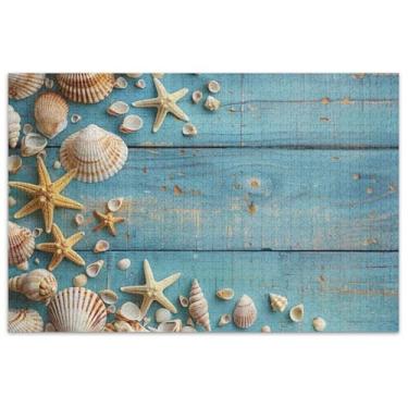Imagem de Quebra-cabeças adultos com conchas azuis de madeira estrela-do-mar, 1000 peças, pintura colorida, presente de brinquedo adulto para amantes de quebra-cabeças