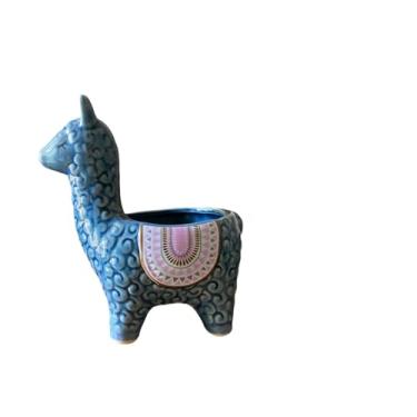 Imagem de SJBAG Vaso de suculentas de cerâmica em forma de lhama com orifícios de drenagem, vaso de animais pintado à mão para cactos e suculentas internos, decoração de casa exclusiva e presente (azul escuro