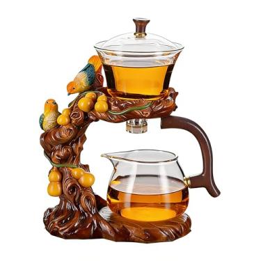 Imagem de Fire Kirin Conjunto de bule de chá de vidro, design de pássaros, tigela rotativa semiautomática com infusor conjunto de bule de chá Kungfu preguiçoso (pássaro marrom)