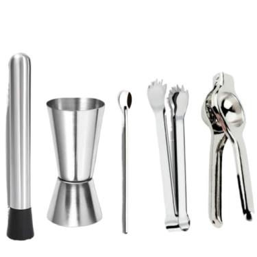 Imagem de Kit para Coquetel: 1 espremedor de limão, pinça de gelo, colher de bar de 30,2 cm, copo medidor de 25/50 ml, mexedor de coquetel(Kit Completo)