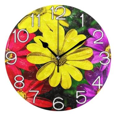 Imagem de GAIGEO Relógio de parede decorativo analógico quarto cozinha relógio operado por bateria silencioso, decoração de parede moderna casa de fazenda colorido margaridas vermelho amarelo roxo, 25 cm