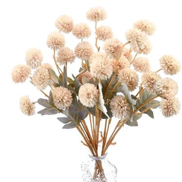 Imagem de Mandy's 6 hastes de seda bege Kiku Ball Flowers – hastes artificiais de crisântemo para decoração de casa, casamento e mesa central, arranjo floral falso realista, estilo minimalista e elegante