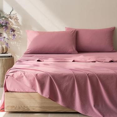 Imagem de JELLYMONI Jogo de cama Queen Size 4 peças algodão caramelo fácil de encaixar 40 cm bolso profundo 100% algodão lavado macio respirável (1 lençol com elástico, 1 lençol de cima, 2 fronhas)